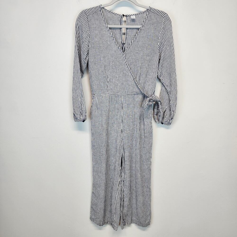Old Navy Wide Leg Crop Jumpsuit Size S Striped Linen Blend Long Sleeve Tie Waist - Picture 3 of 15